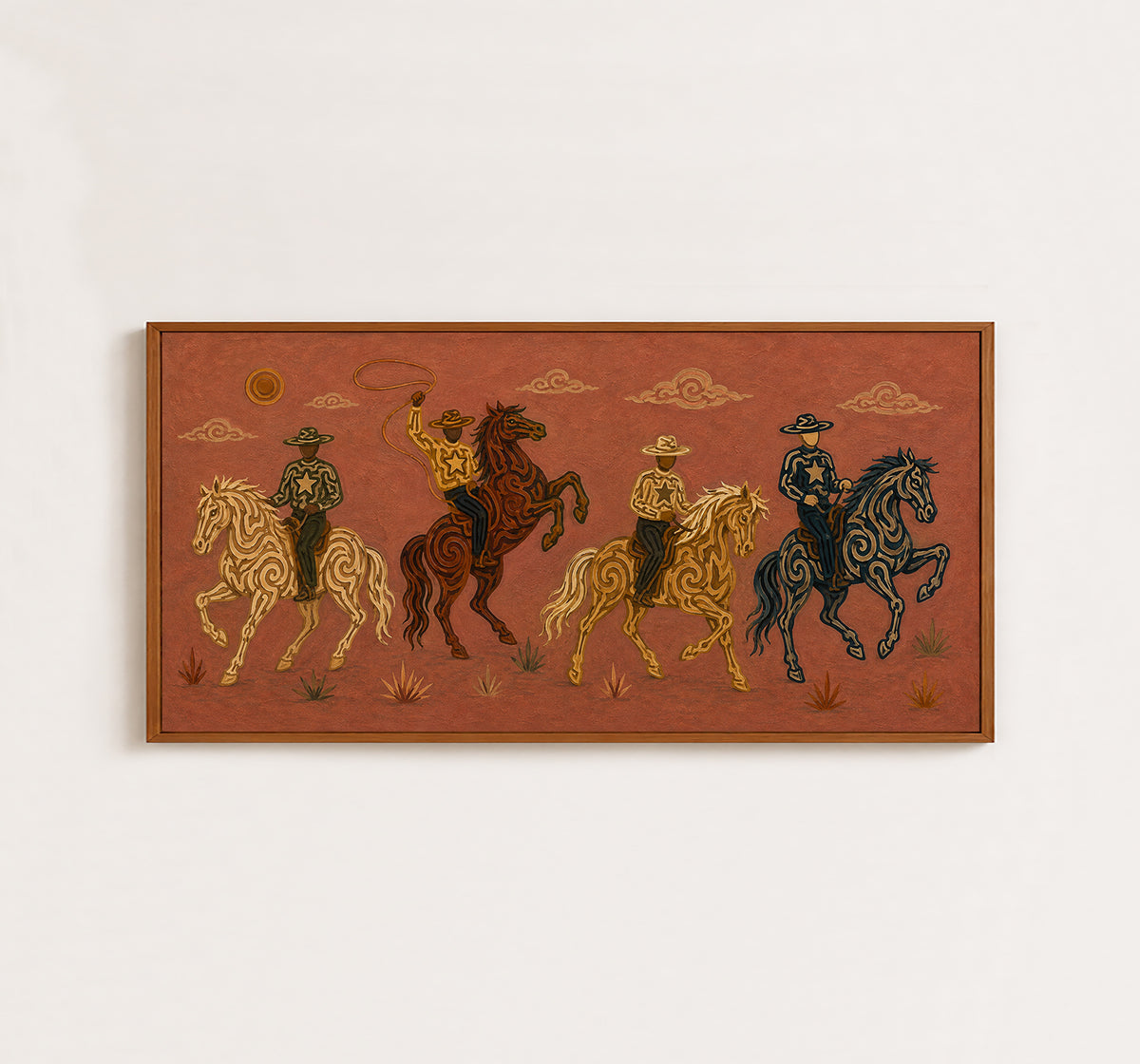 Panoramic Rodeo Cowboy Painting, Lasso Horse Riders, Southwestern Western Ranch Art