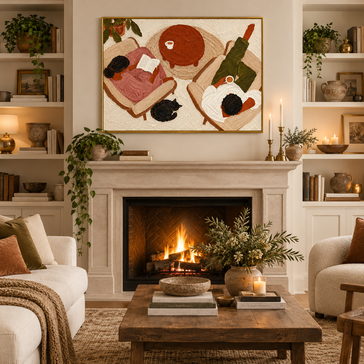Cat Lover Wall Art、Couple And Cat Art、Cozy Home Wall Art、Reading Nook Art