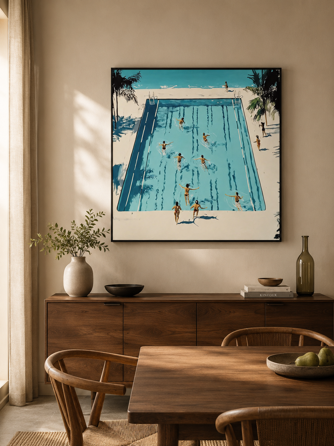 Vintage Pool Painting With Palm Trees For Modern Living Room Wall Decor Large Square Canvas
