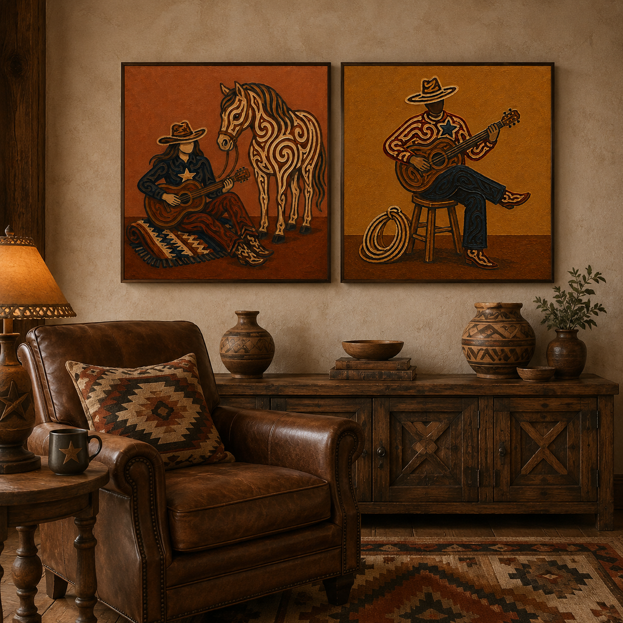 Western Diptych Wall Art Vintage Cowboy Couple Guitar Horse Wall Art Set For Living Room Decor