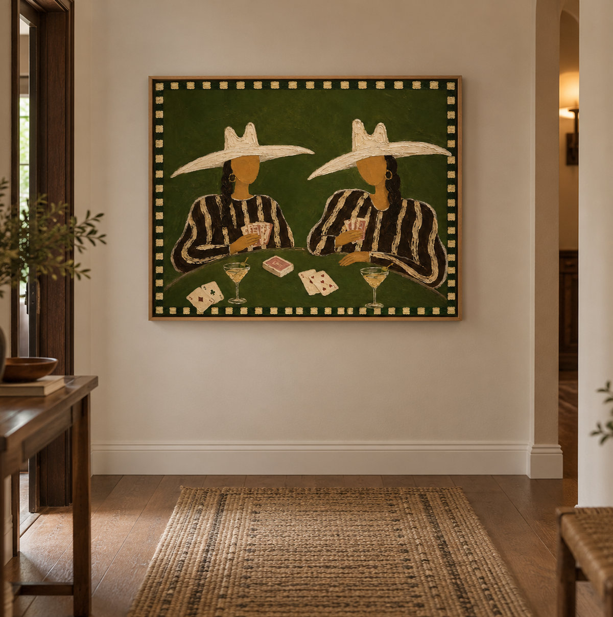 Cowgirl Poker Painting, Western Casino Wall Art With Cocktails, Dark Green Game Room Decor