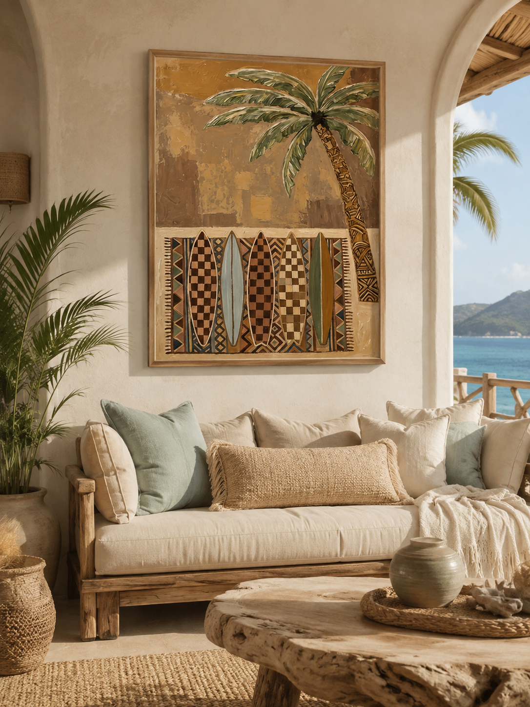 Bohemian Surfboard Painting With Palm Tree For Beach House Living Room Wall Art