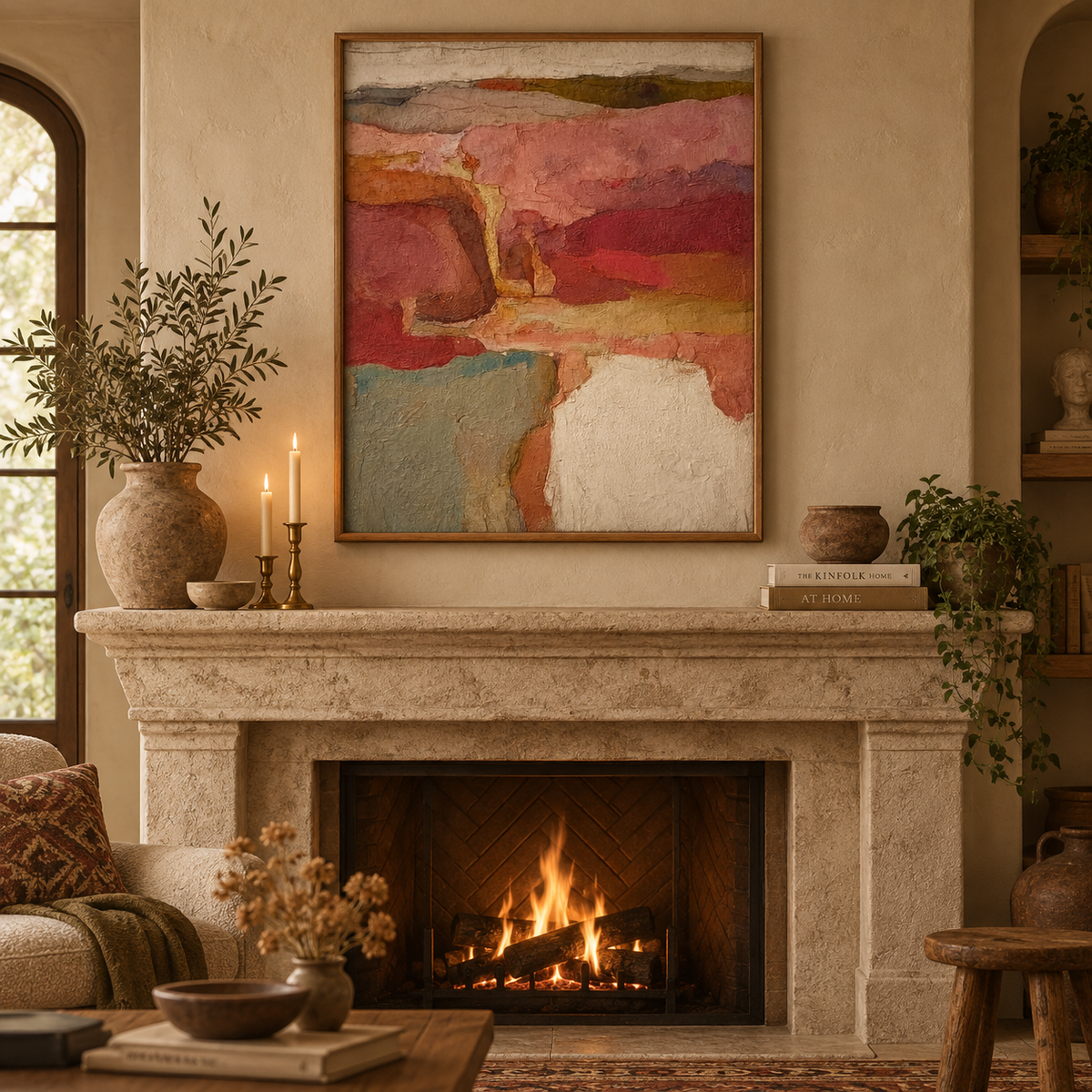 Abstract Burgundy And Sage Green Canvas Painting Hand-Painted Original Art For Modern Walls