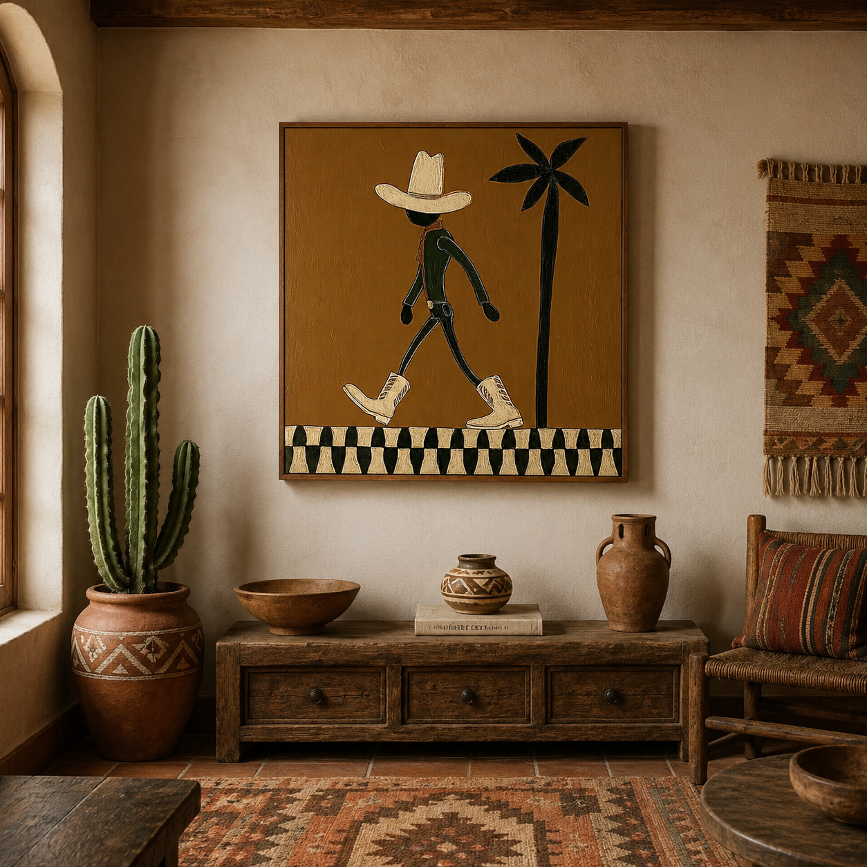 Vintage Cowboy Art With Palm Tree Minimalist Square Painting For Retro Home Decor