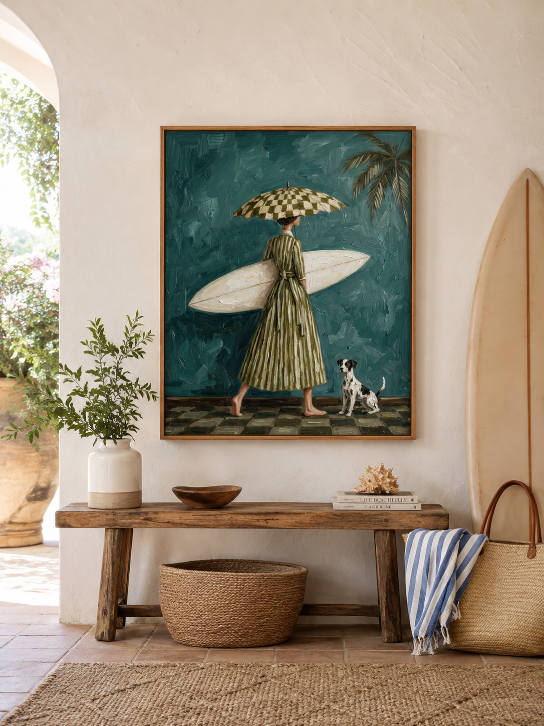 Vintage Surf Girl Oil Painting With Dog Textured Beach Wall Art For Living Room Decor