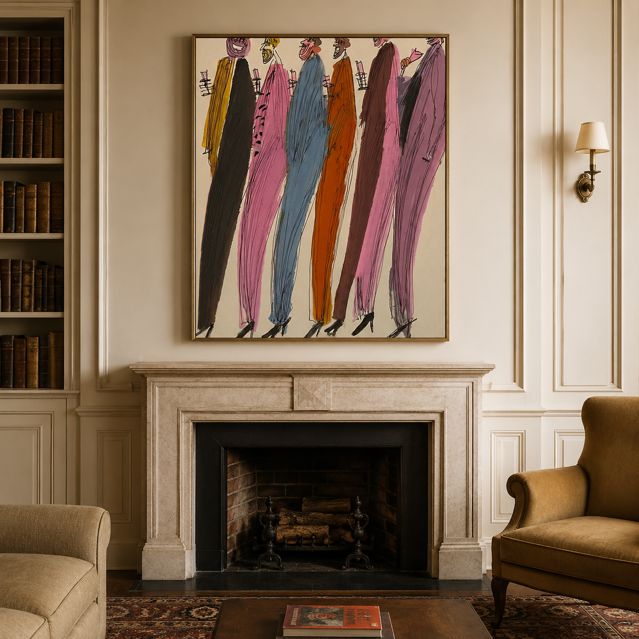 Abstract Figurative Painting Of Colorful Party People In Square Canvas For Modern Home Decor