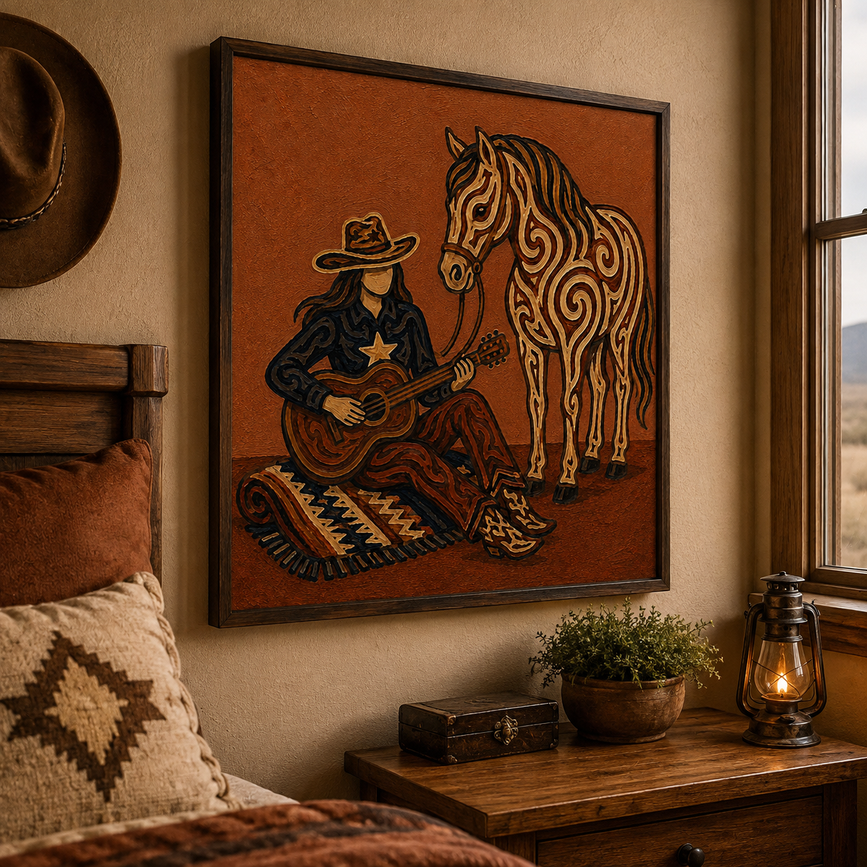 Cowgirl With Horse Guitar Art, Western Music And Horse Painting, Rustic Ranch Style For Living Room Decor