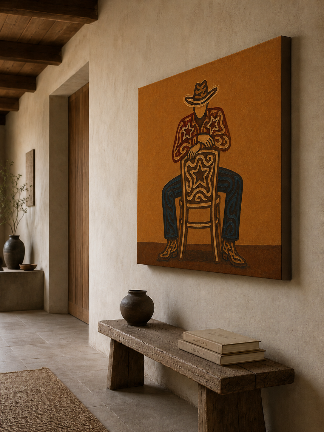 Cowboy Sitting On Chair Art, Bold Western Wall Decor, Minimalist Cowboy Painting, Warm Tone Western Art