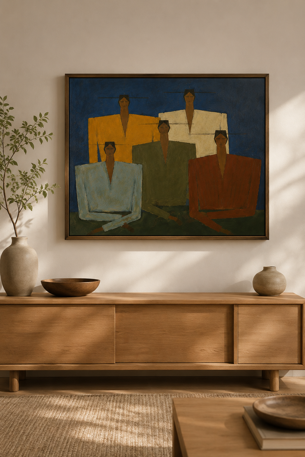 Mid-Century Modern Abstract People Group Oil Painting Large Figurative Wall Art for Modern Home