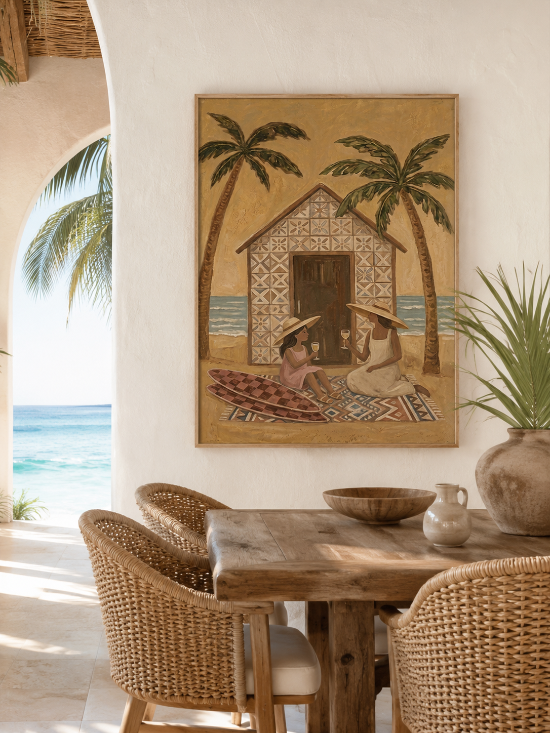 Bohemian Beach Art With Palm Trees And Mother Daughter Scene For Coastal Home Wall Decor