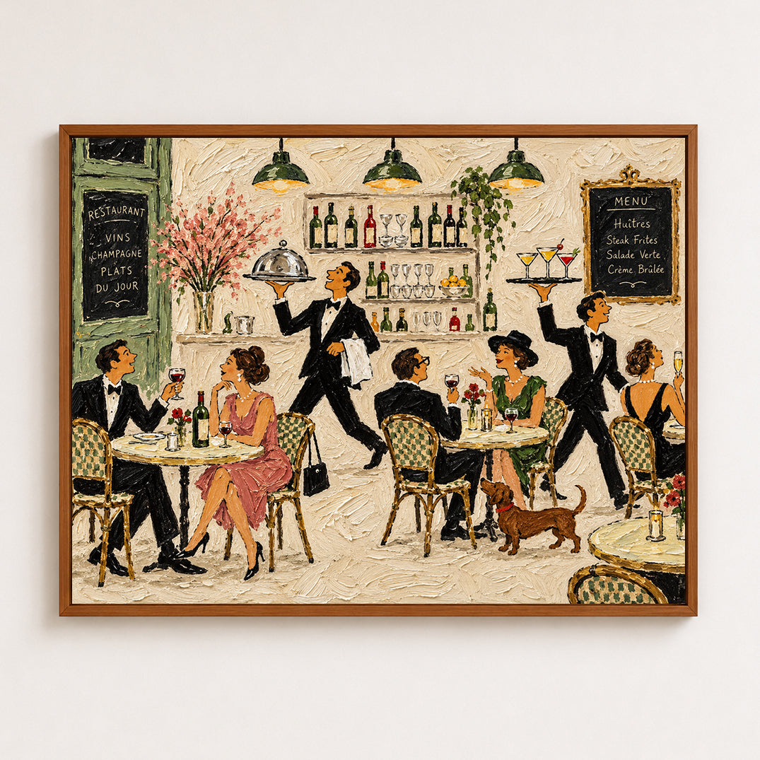 French Restaurant Wall Art, Paris Bistro Dining Scene Painting, Vintage Cafe Waiters Wine Bar Decor