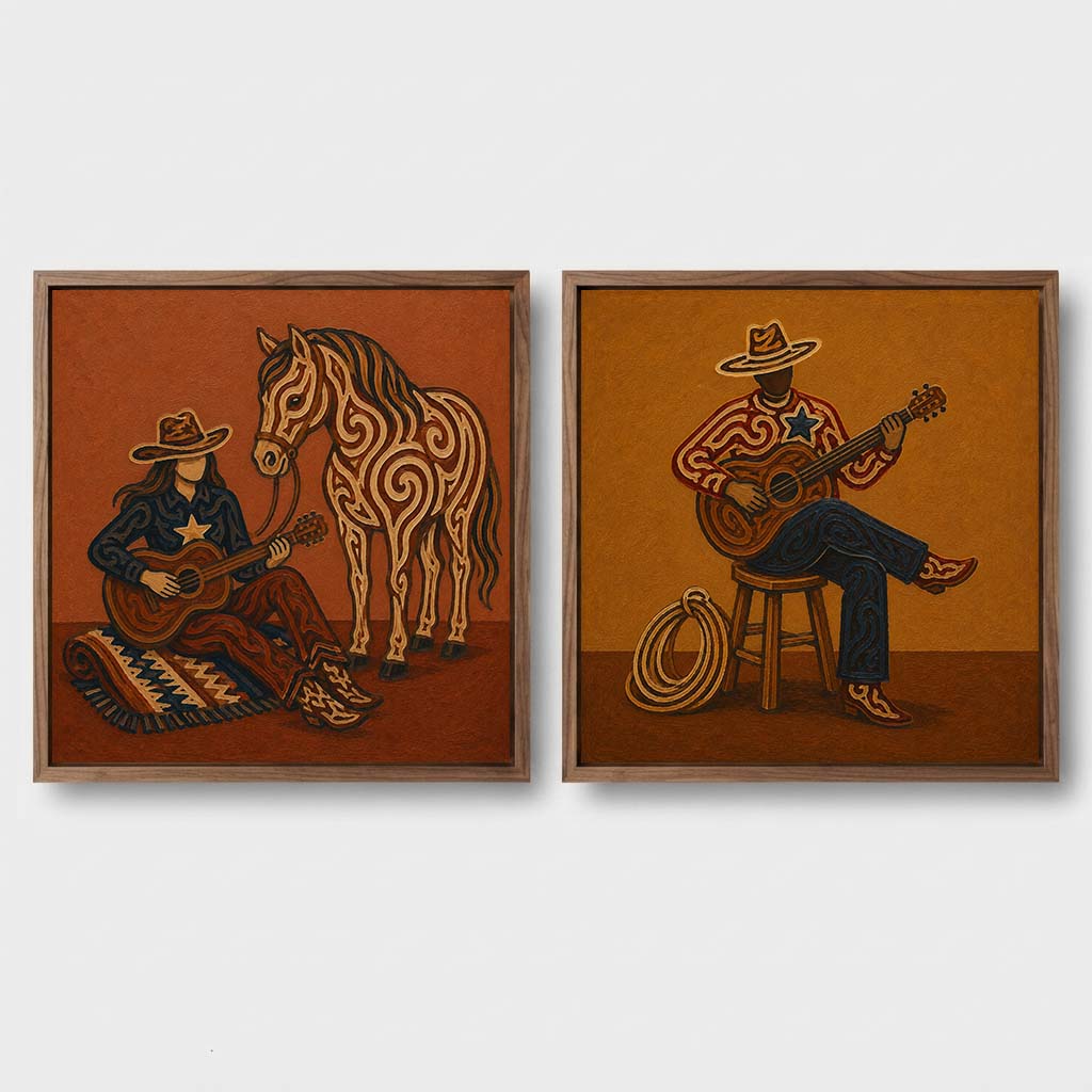 Western Diptych Wall Art Vintage Cowboy Couple Guitar Horse Wall Art Set For Living Room Decor