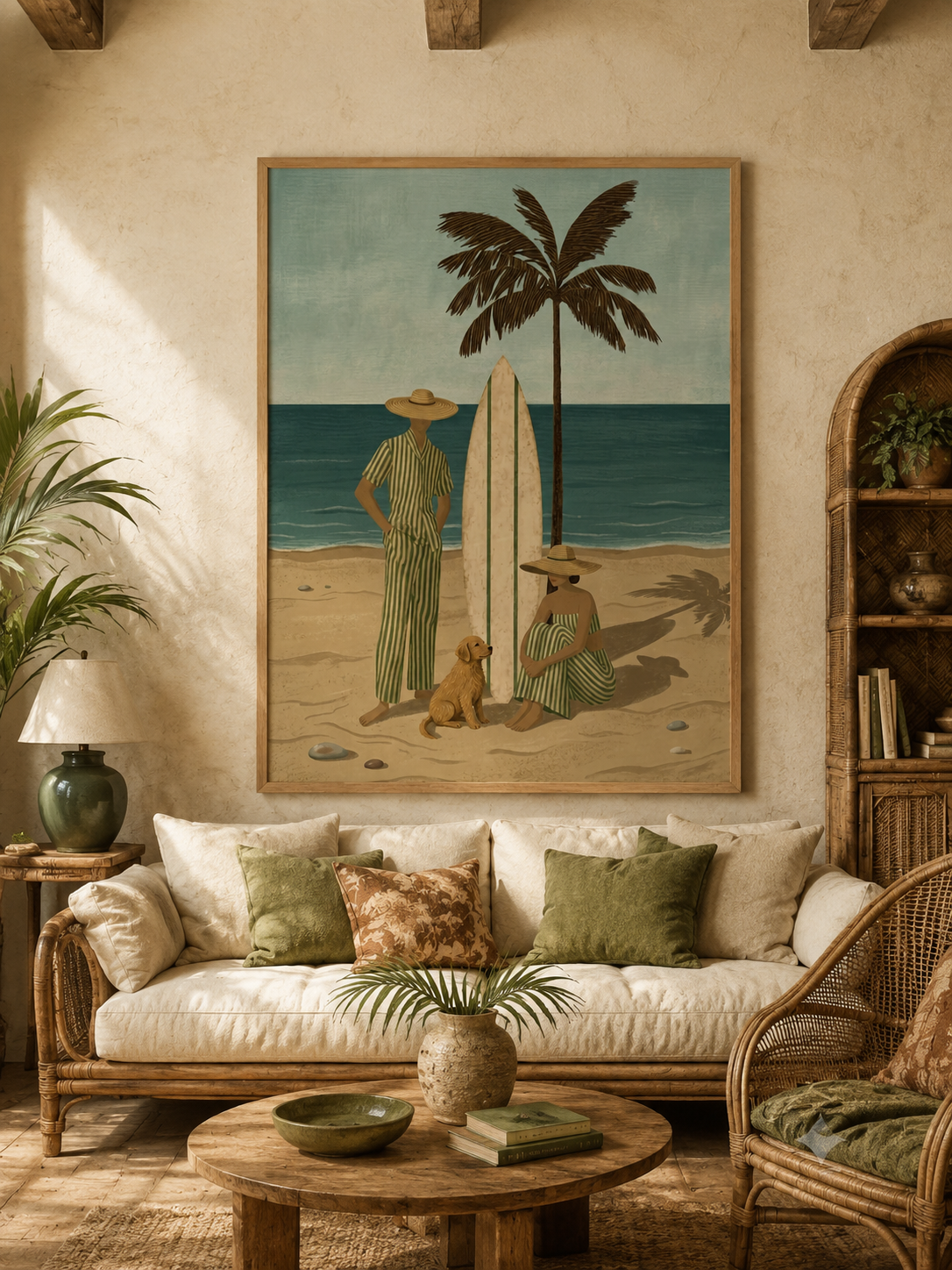 Vintage Surfboard Dog Painting For Coastal Living Room Retro Beach Wall Art