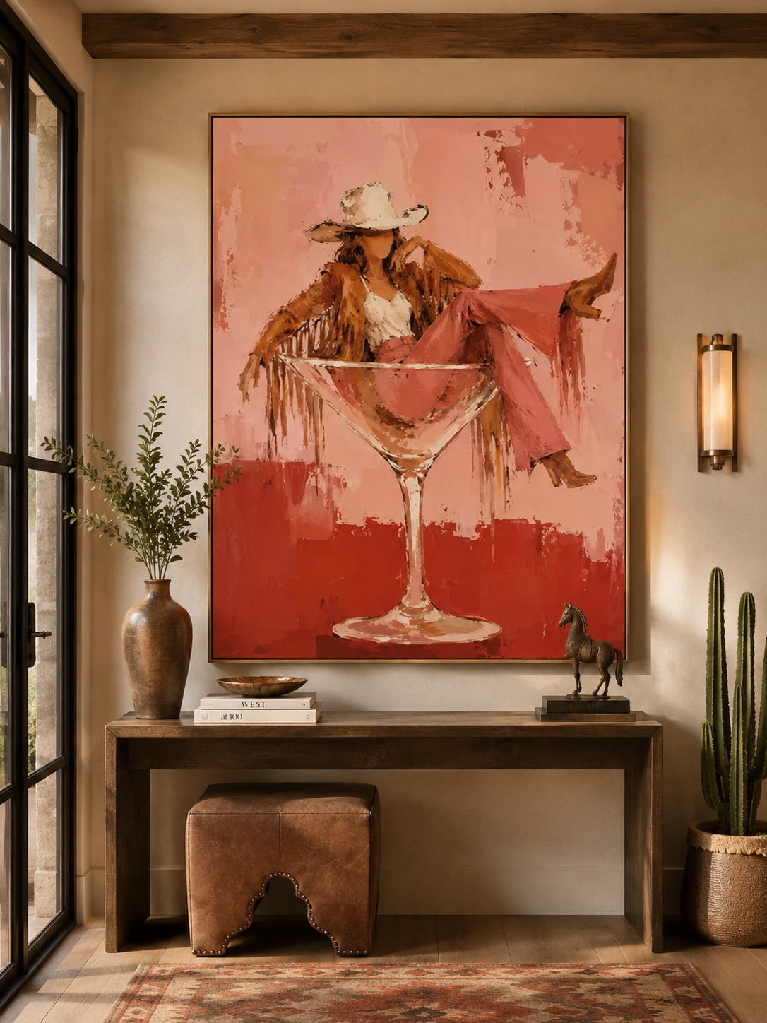 Unique Pink And Red Wall Art Modern Cowboy Theme Painting For Bedroom