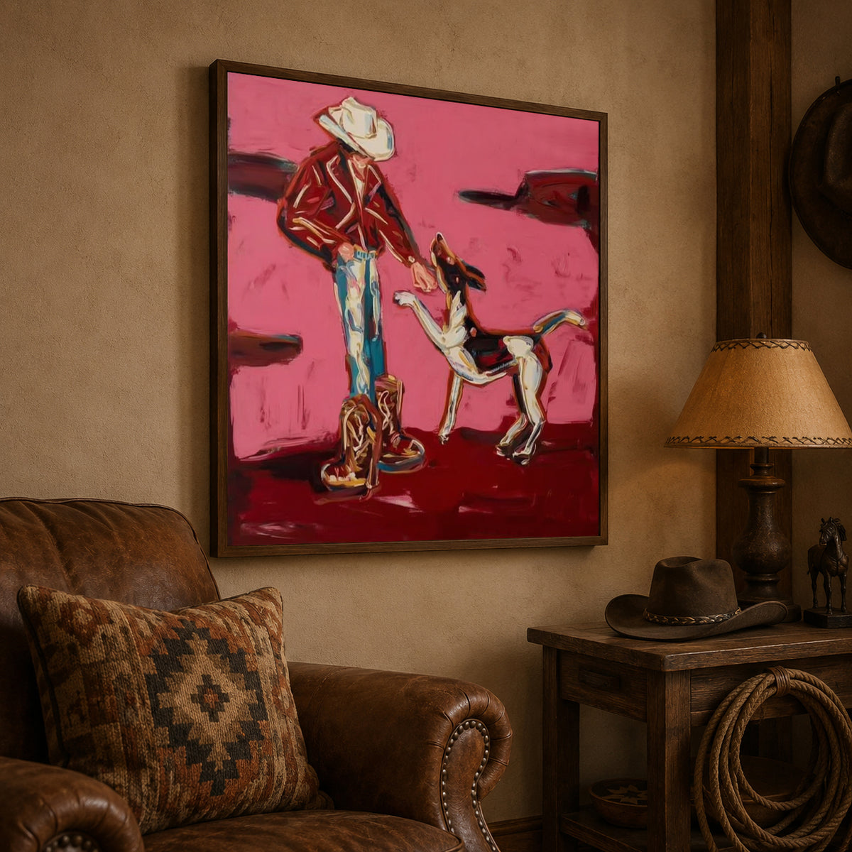 Hand-Painted Cowboy And Dog Canvas Painting In Pink Red Tones Whimsical Puppy Painting