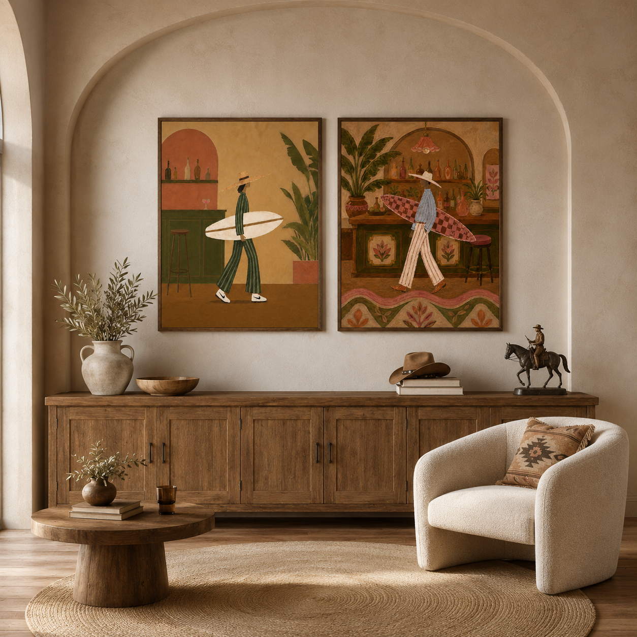 Retro Surfing And Bar Illustration Wall Art Set Of 2, Vintage Bohemian Aesthetic Canvas Painting For Living Room