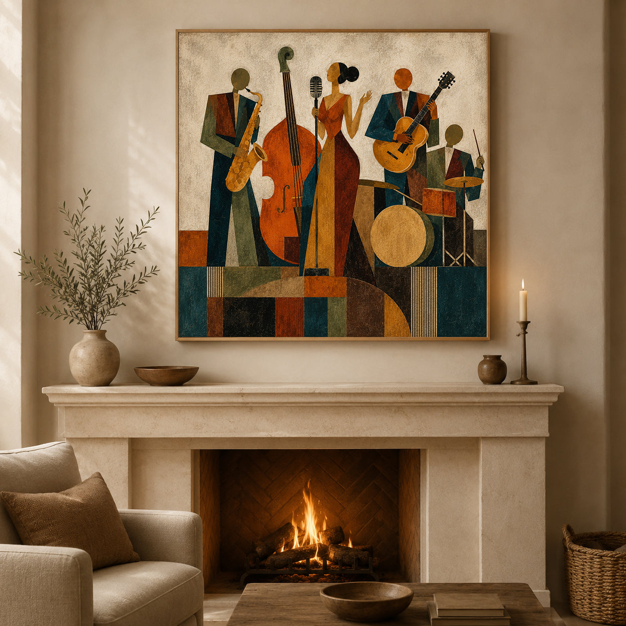 Vintage Jazz Band Painting Square Canvas Art For Living Room Music Lovers
