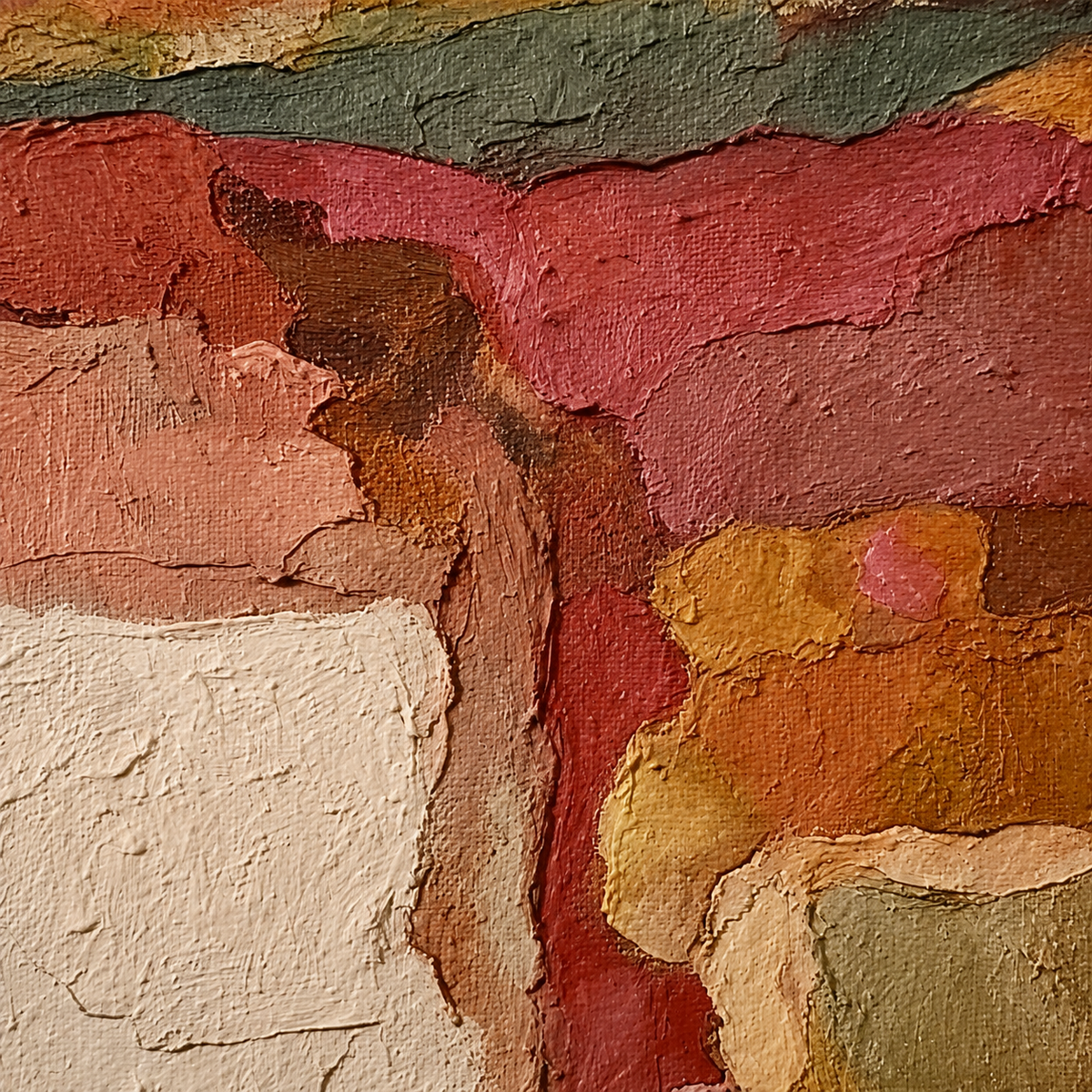Abstract Earth Tone Canvas Painting With Textured Vintage Landscape Art