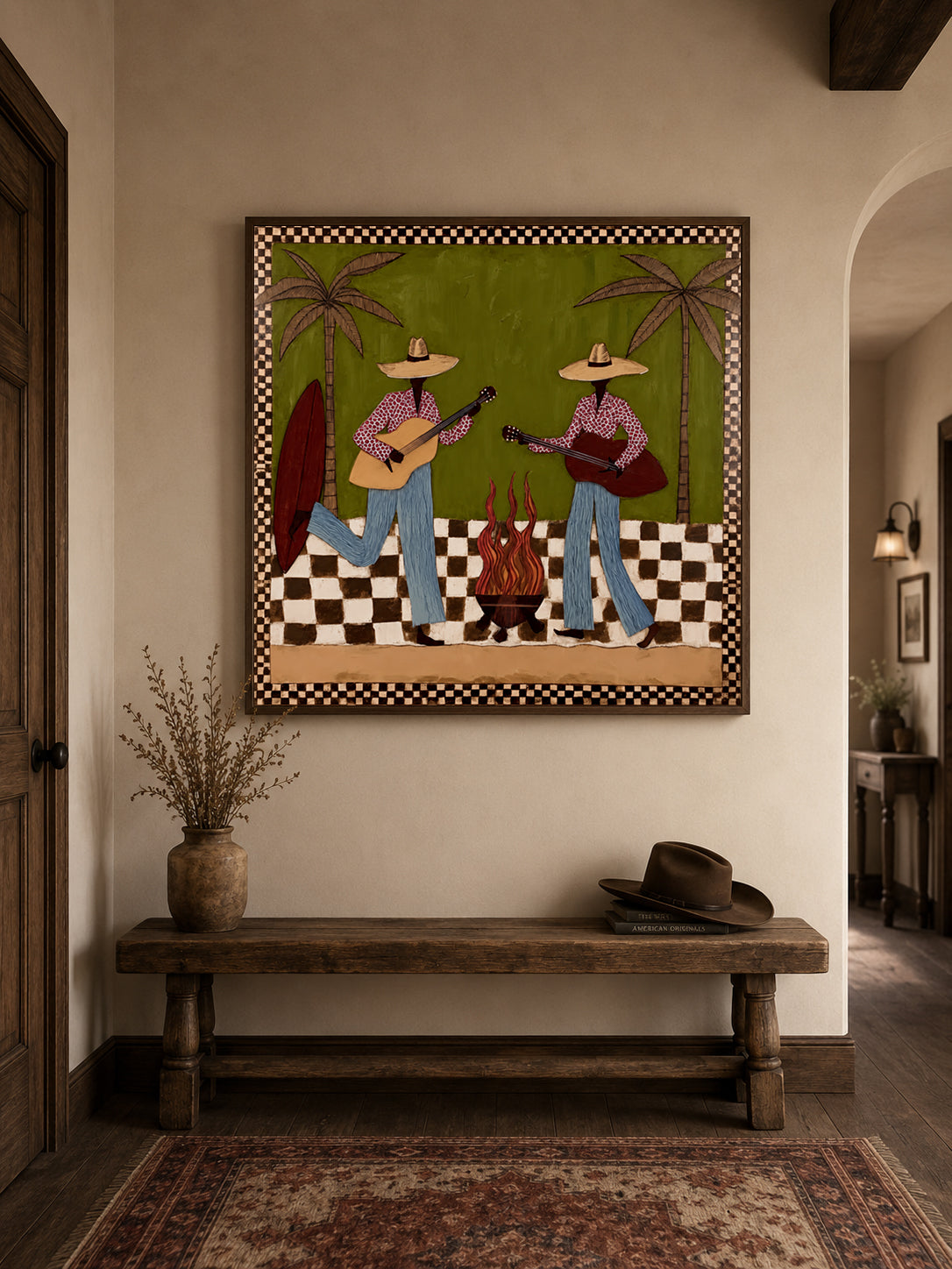 Cowgirl Guitar Painting, Retro Western Music Wall Art With Palm Trees, Olive Green Southwest Decor