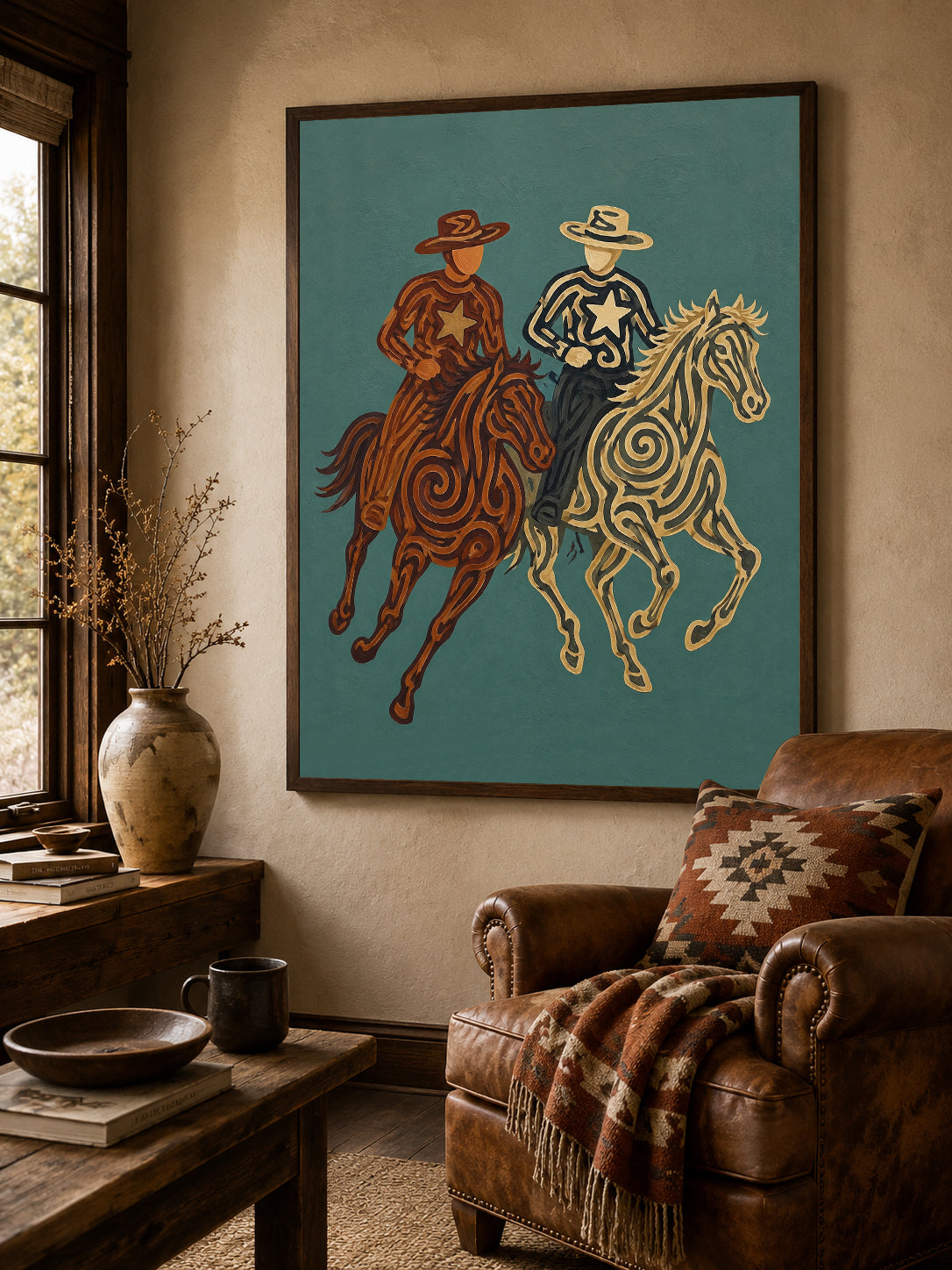 Rustic Cowboy Horse Painting, Teal Western Riders Wall Art, Southwestern Folk Decor
