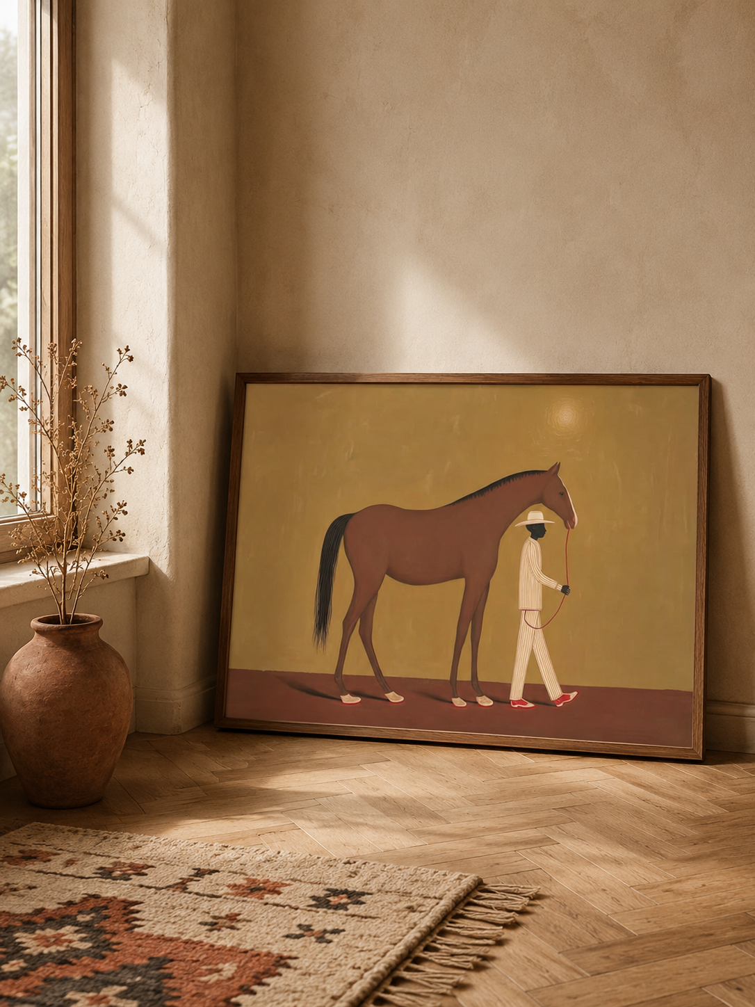 Warm Ochre Decor Figurative Art Man Leading Horse Original Oil Painting Style