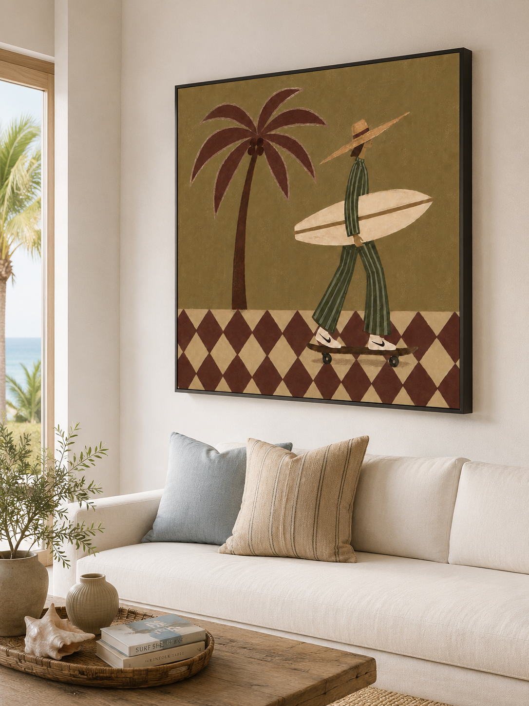 Vintage Surfer Girl Painting With Palm Tree And Checkerboard Pattern For Modern Home Decor