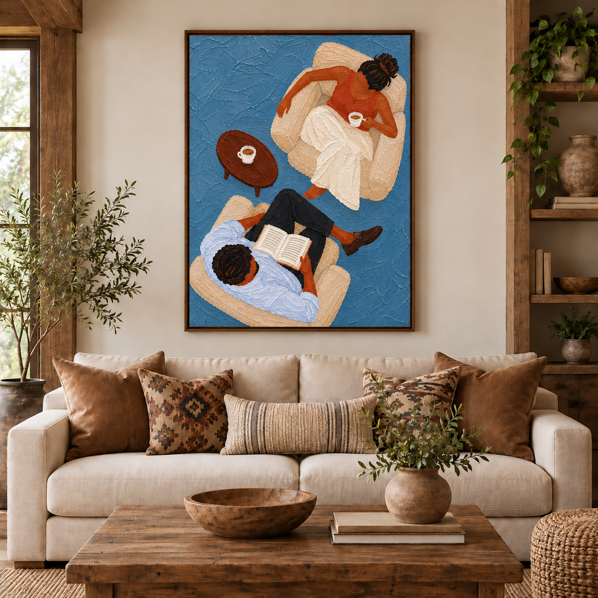 Couple Reading With Coffee Hand-Painted Canvas Art In Blue And Brown Tones