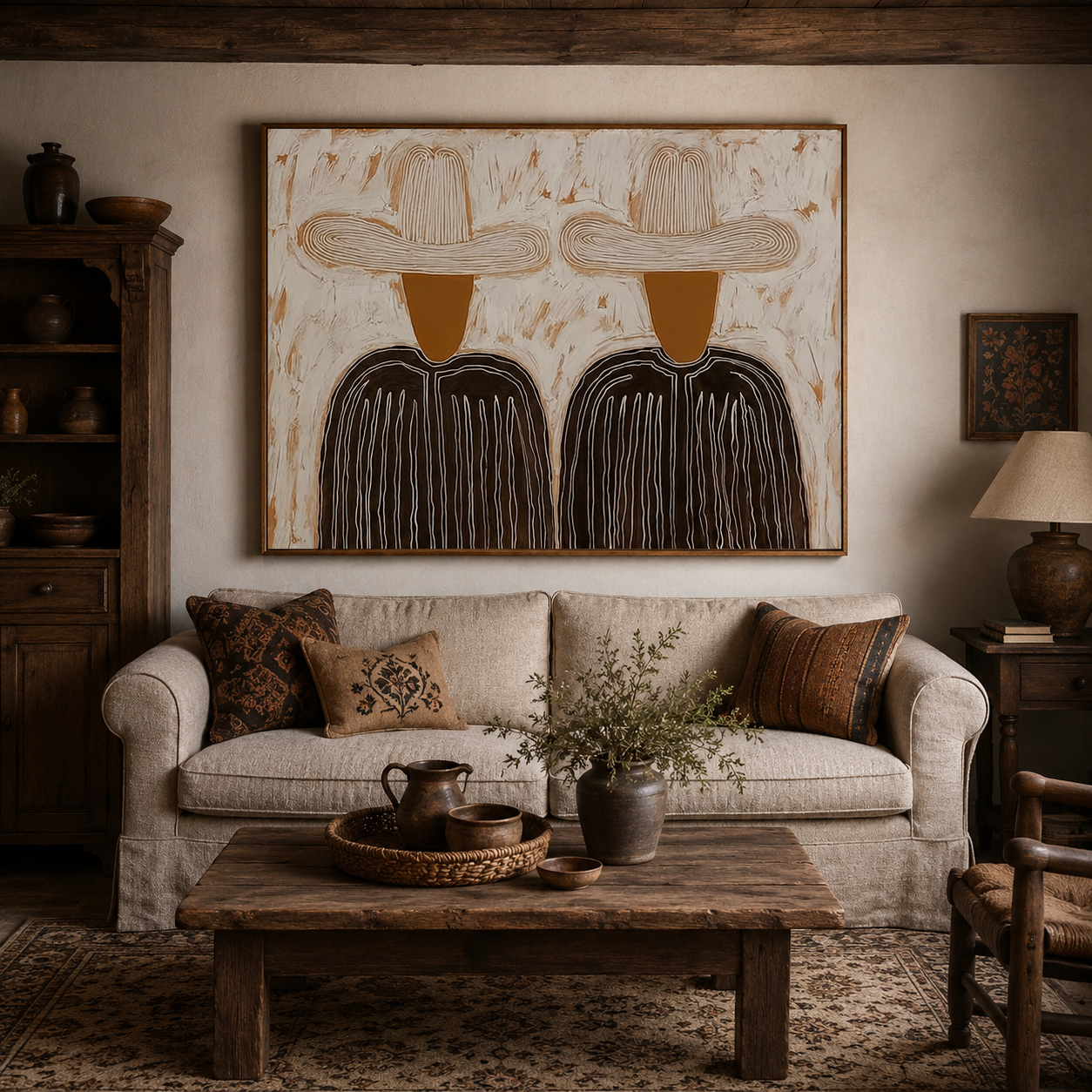 Minimalist Figurative Oil Painting With Textured Earth Tones For Modern Living Room Decor