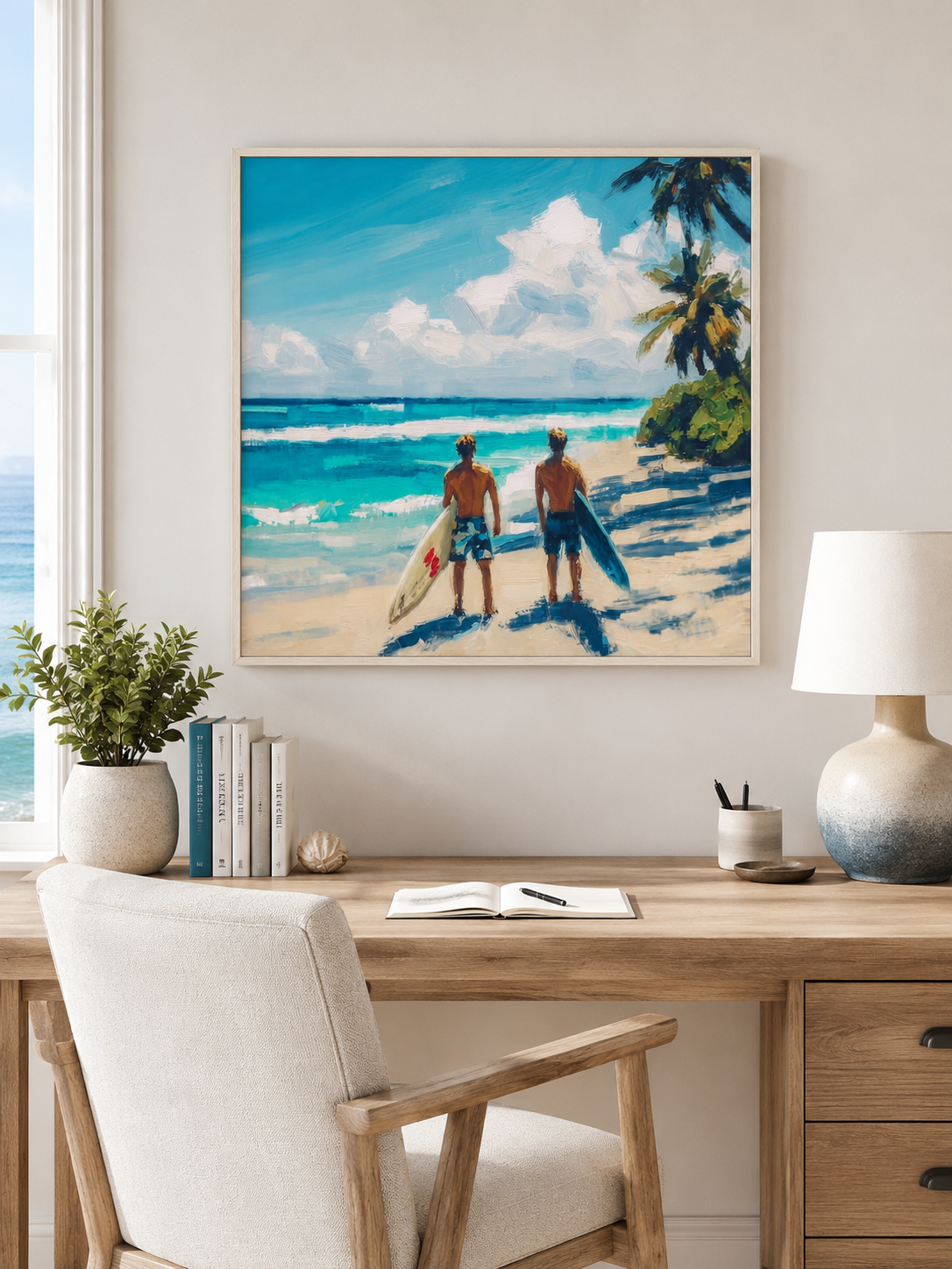 Vintage Tropical Surf Painting For Living Room With Textured Ocean Waves And Palm Trees
