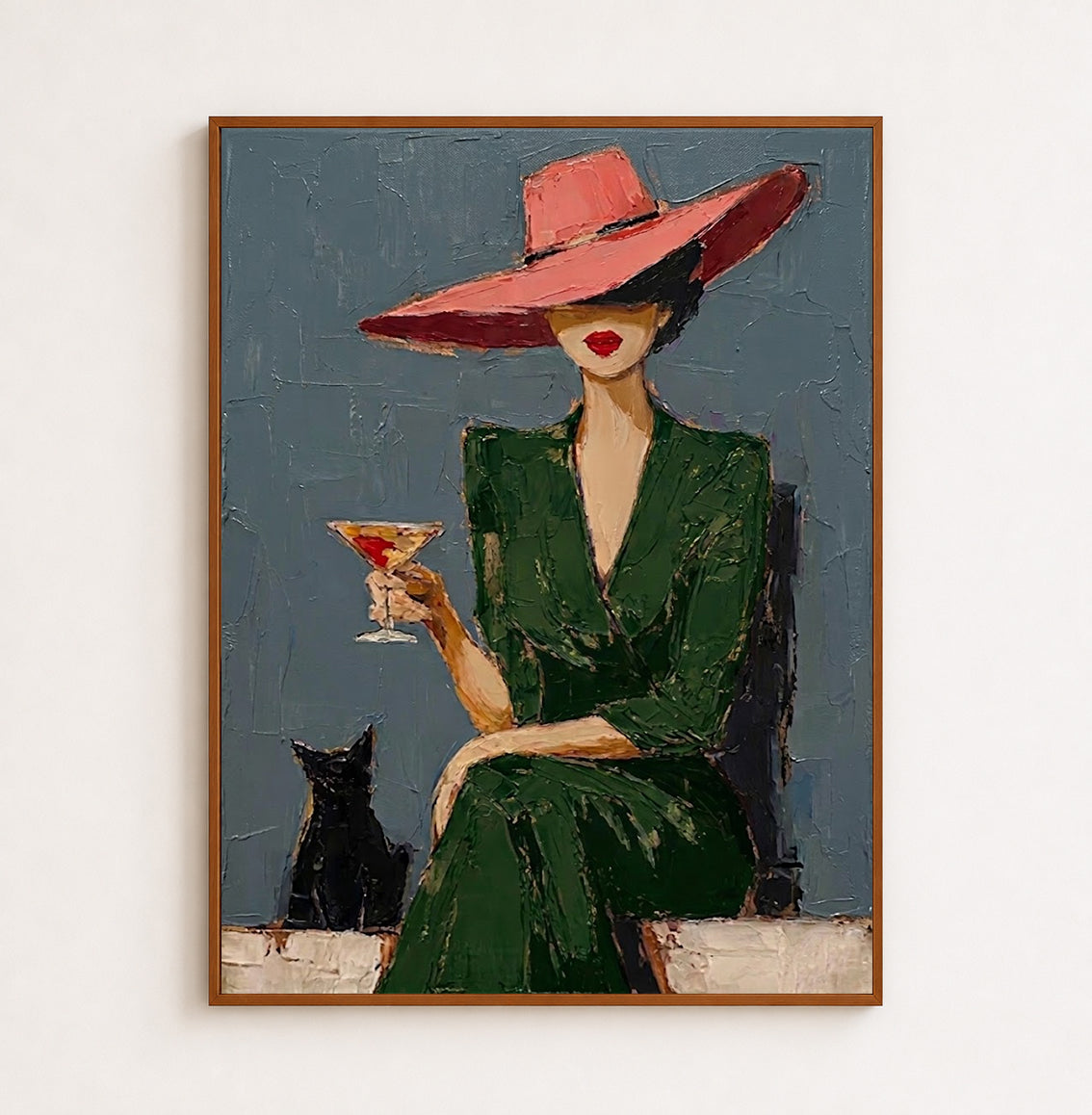 Stylish Woman In Green Dress With Red Hat Oil Painting For Modern Dining Room Wall Art Decor
