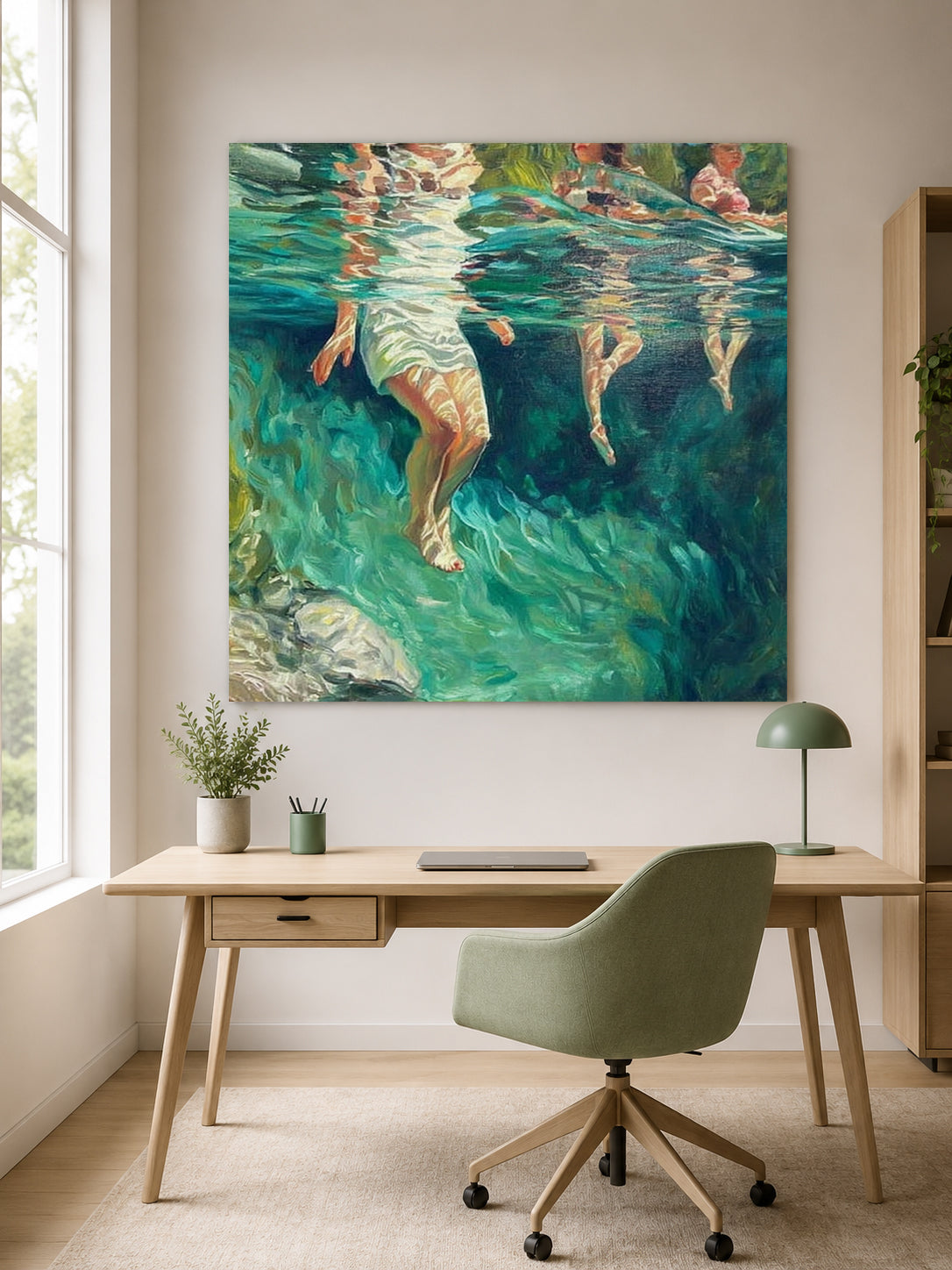 Summer Stream Oil Painting With Submerged Figures For Modern Home Decor