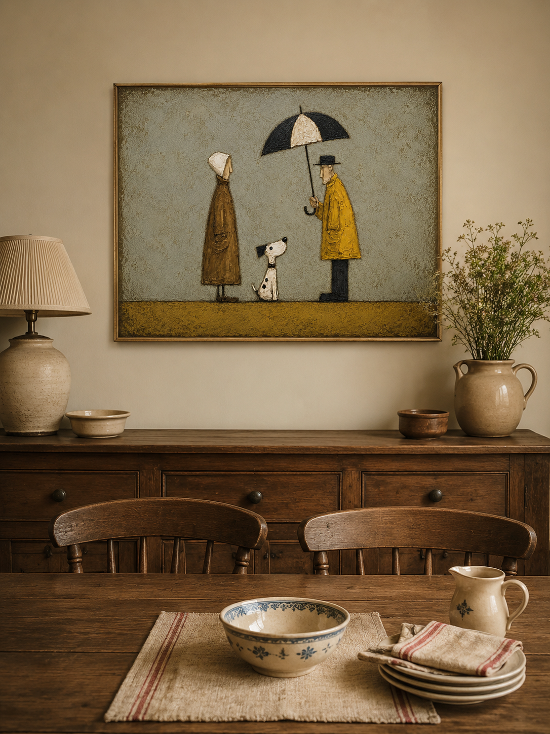Vintage Couple With Dog Painting Under Umbrella Retro Wall Art For Pet Lovers