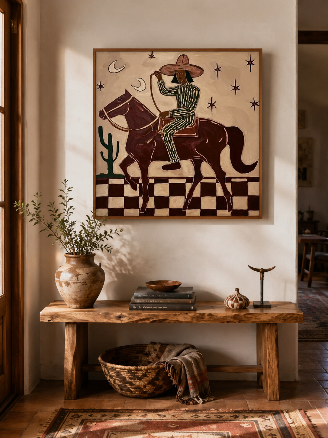 Figurative Horse And Rider Painting With Checkerboard Ground In Earth Tones