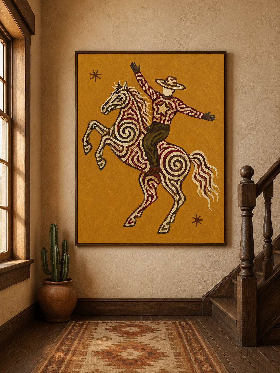 Vintage Western Wall Art, Ochre Cowboy Painting, Wild West Decor, Impasto Texture Canvas Art