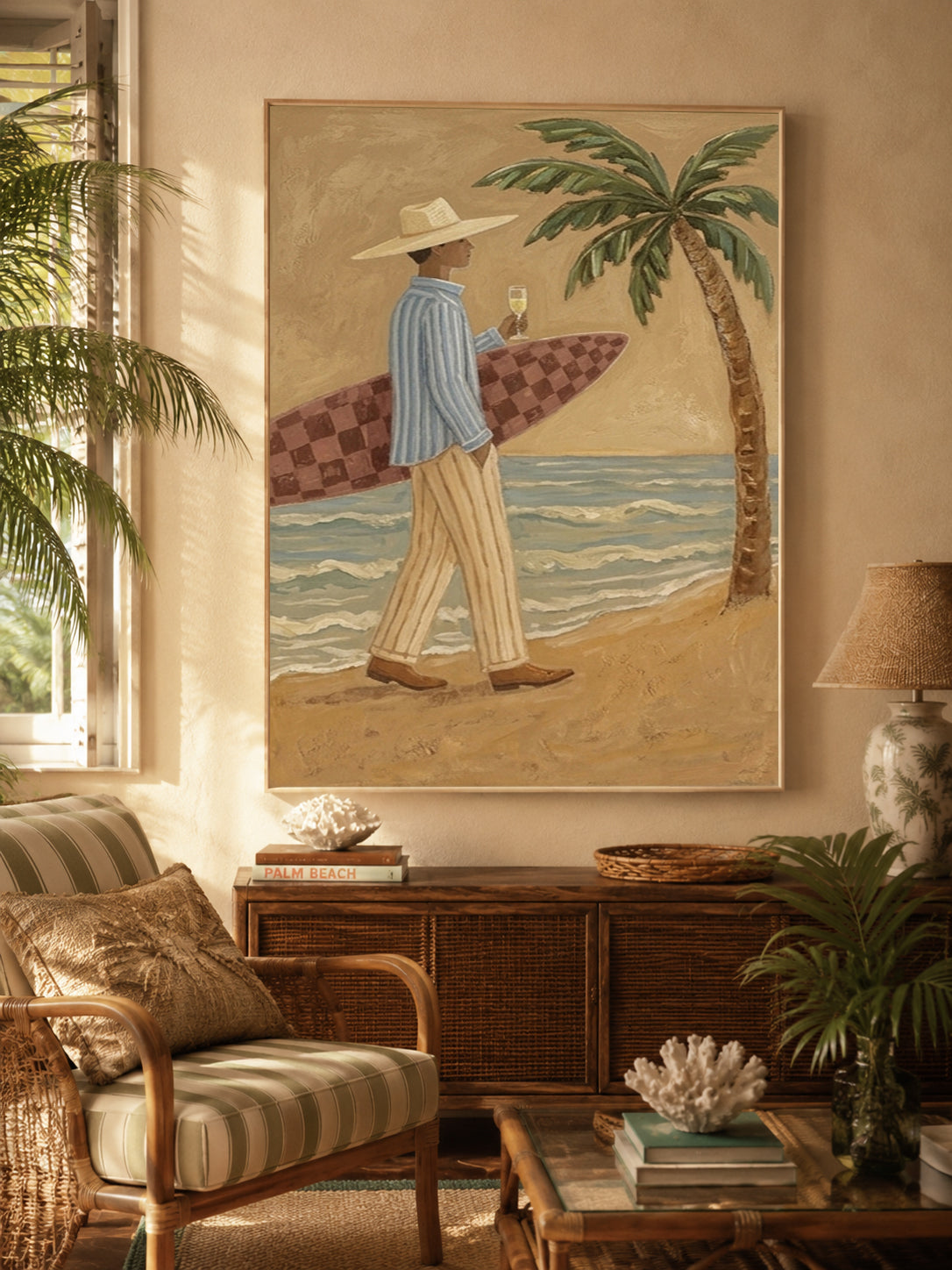 Vintage Surfer With Wine Glass Painting For Coastal Home Decor
