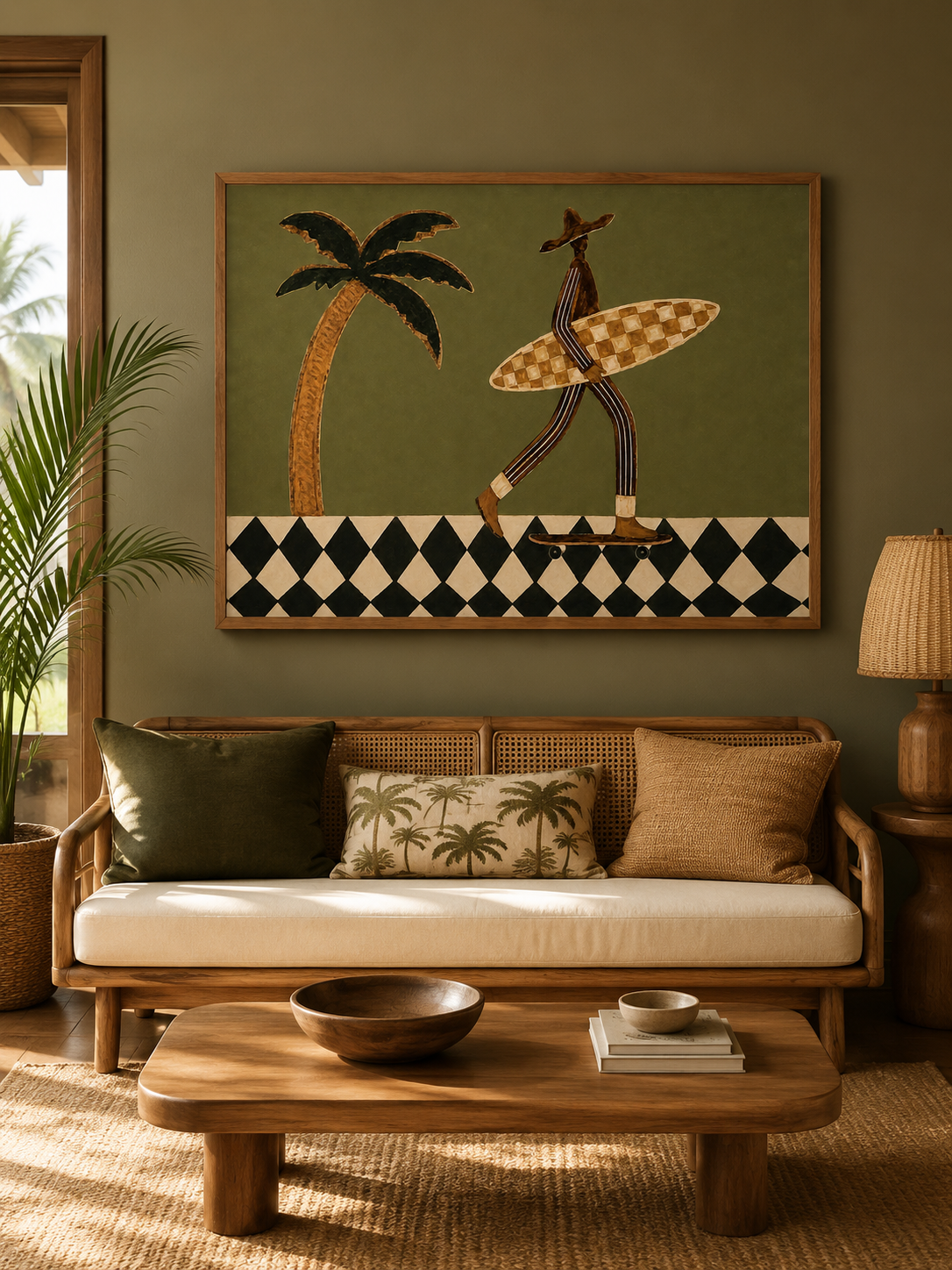 Retro Surf Art Print With Palm Tree And Checkerboard Pattern For Modern Home