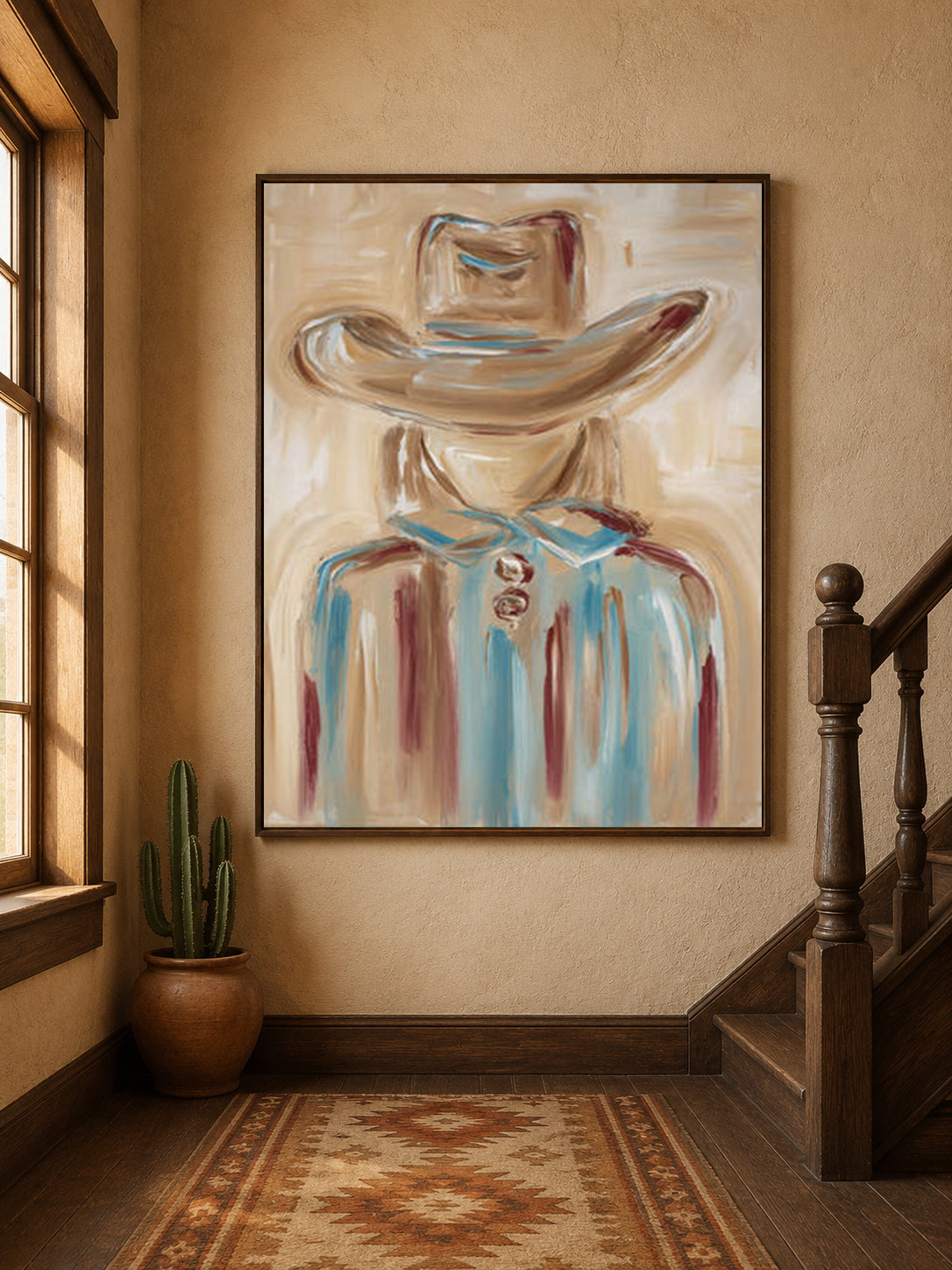 Cowgirl Portrait Canvas Painting Hand-Painted Wall Art In Blue And Beige
