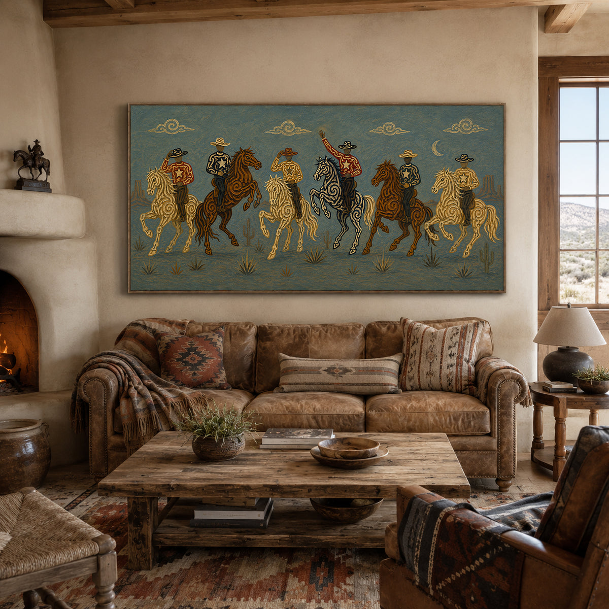Blue Moon Cowboy Riders Painting, Panoramic Western Horse Art, Southwestern Desert Night Decor
