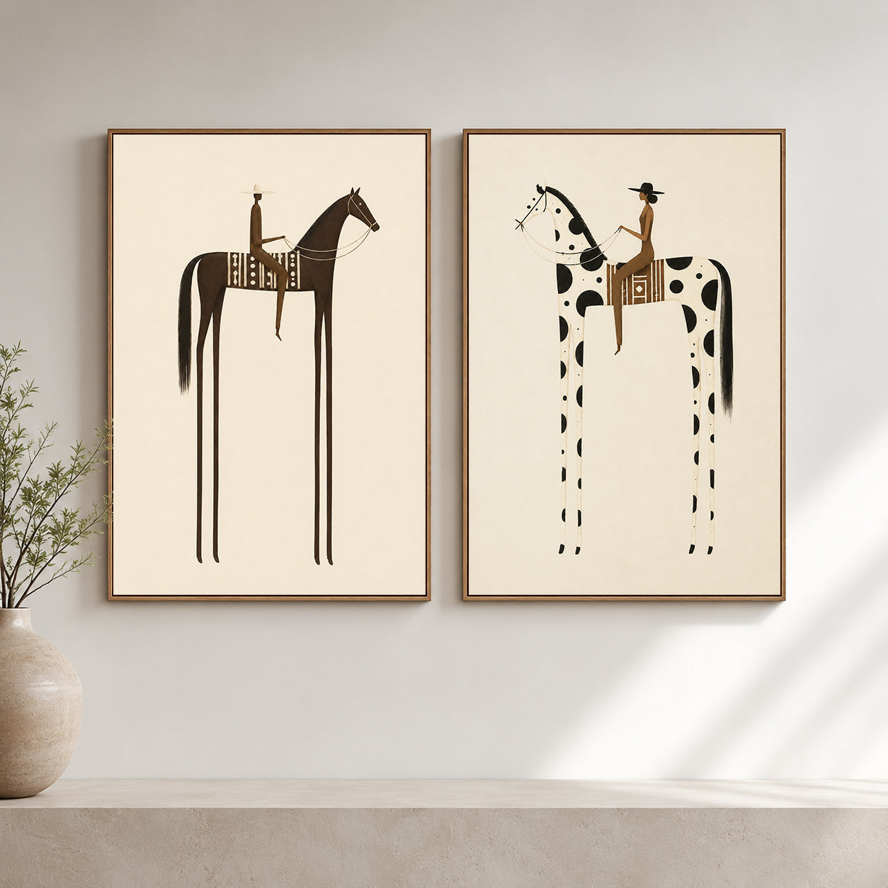 Modern Minimalist Horse Painting Set Beige And Brown Abstract Animal Art For Living Room