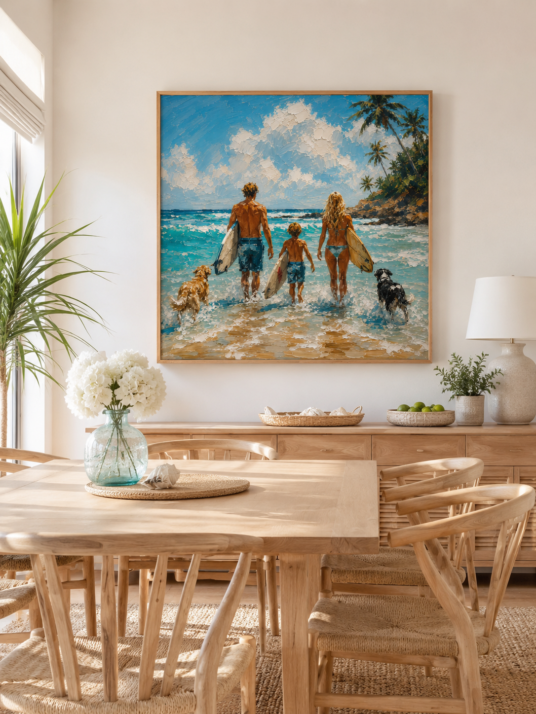 Summer Seaside Landscape Art Family Beach Surfing Painting With Dogs For Coastal Home Decor