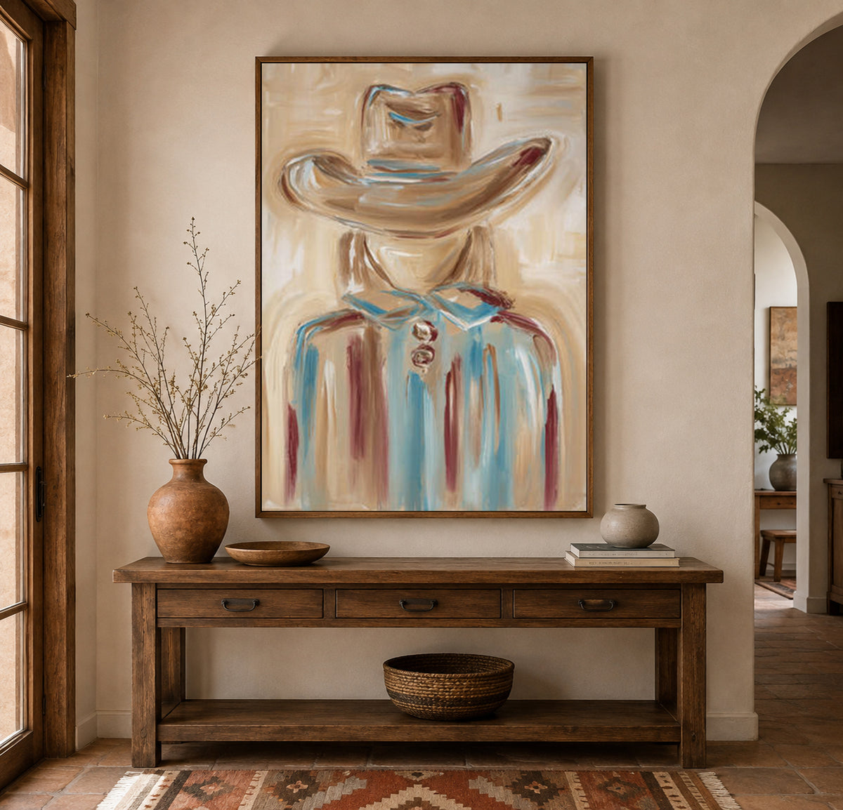 Cowgirl Portrait Canvas Painting Hand-Painted Wall Art In Blue And Beige