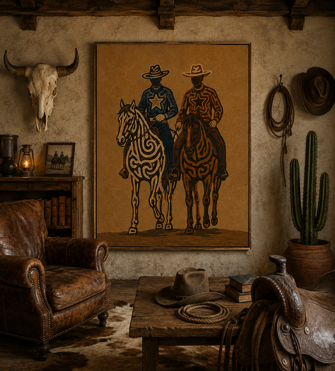 Two Cowboys Horse Painting, Western Riders Wall Art, Rustic Southwestern Ranch Decor