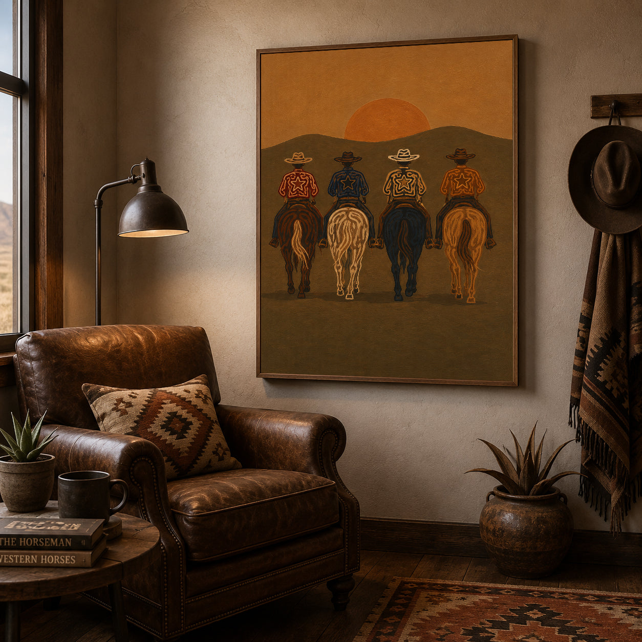 Cowboys At Sunset Painting, Western Horse Riders, Southwestern Desert Landscape Art For Living Room