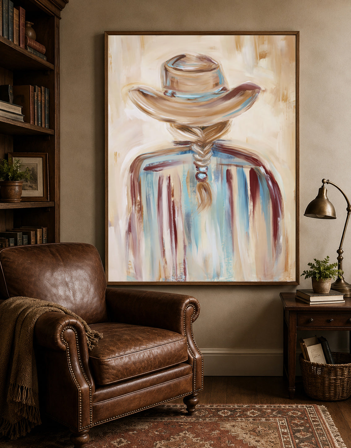 Cowgirl Back View Canvas Painting Hand-Painted Western Art In Beige And Blue