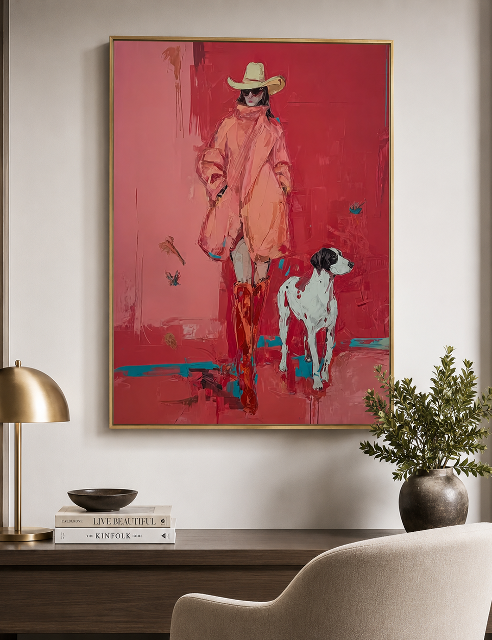 Bold Red Fashion Figure With Dog Original Oil Painting For Modern Home Decor