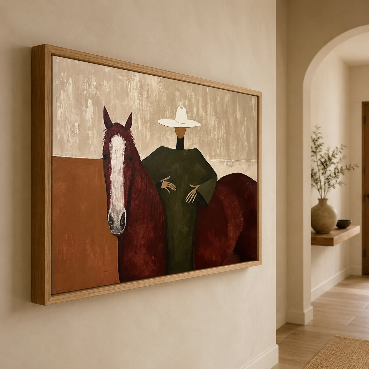 Mid Century Modern Horse Painting With Woman In Hat Square Canvas Art