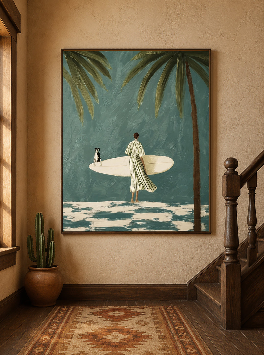 Surfer And Dog Under Palm Trees Hand-Painted Canvas Wall Art In Teal And Cream