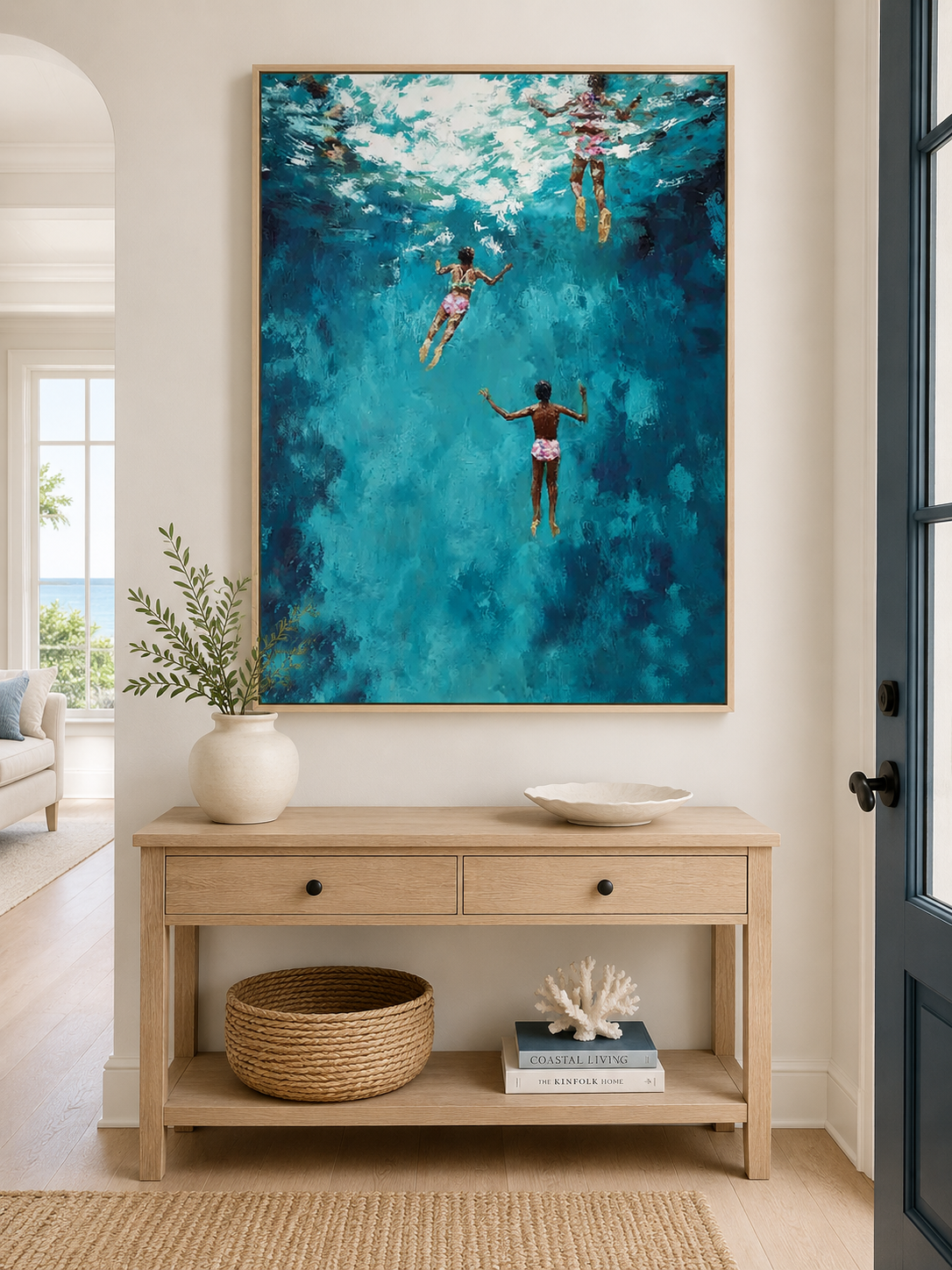 Large Blue Ocean Painting For Coastal Living Room With Figurative Swimmers And Textured Waves