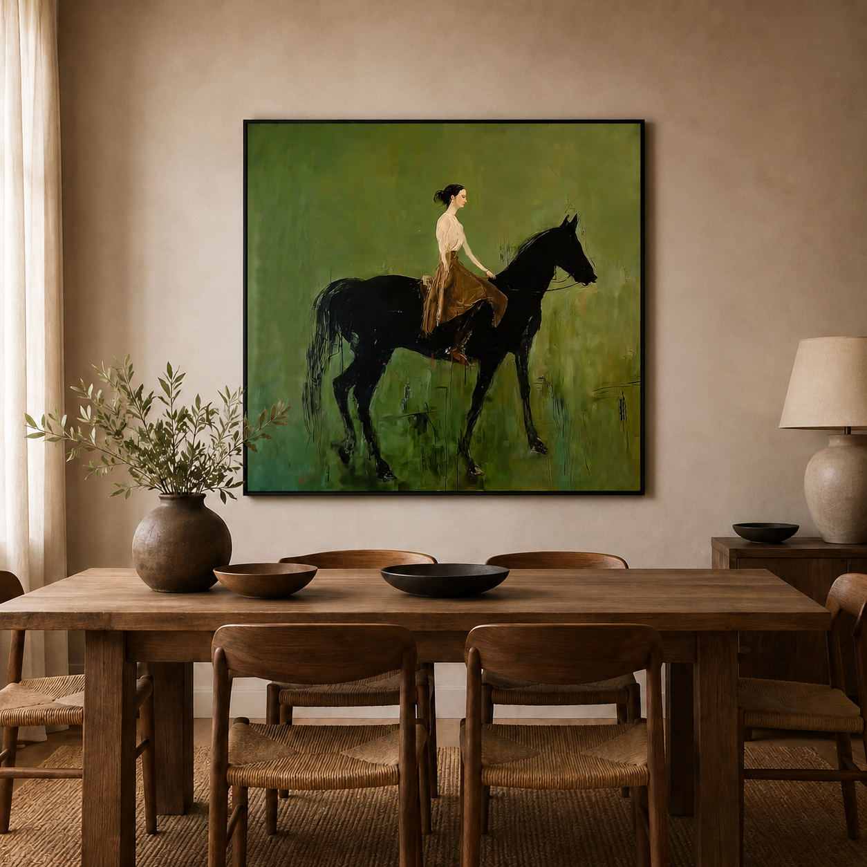 Elegant Woman Riding Black Horse Oil Painting On Linen Canvas With Olive Green Background
