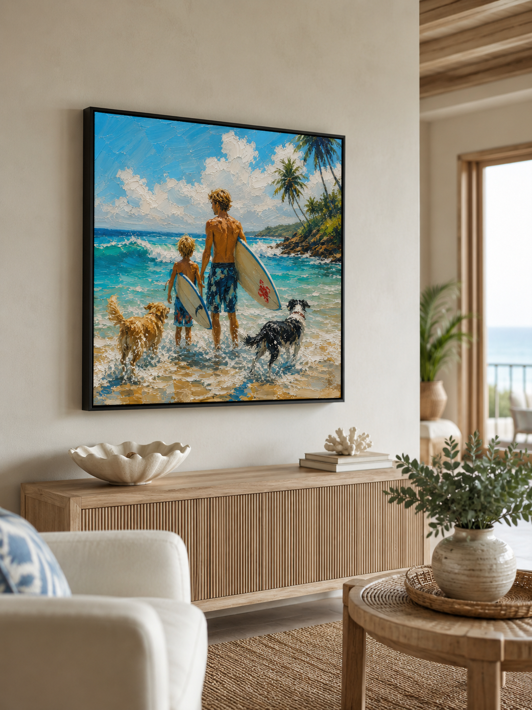 Coastal Vacation Wall Art Father Son Surfing Oil Painting With Dogs For Beach House Decor